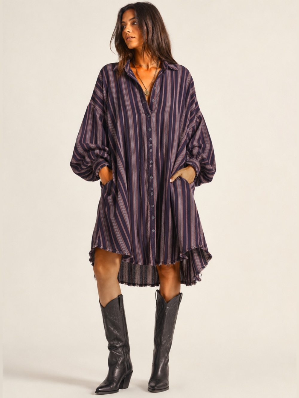 Free People We The Free Oversized Striped Cotton Shirt Dress Tunic Raw Hem